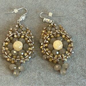 TAUPE tan brown cream beaded crystal rhinestone circular bohemian style earrings